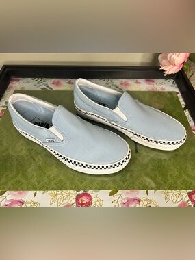 Vans Light Blue Slip-On Sneakers with Black & White Checker Trim